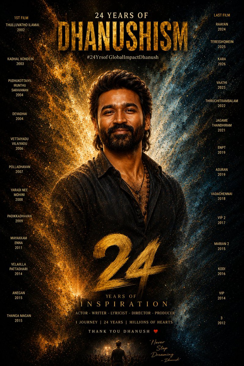 Deepadhanush28's tweet photo. @dhanushkraja #ONLYONEMAN 
கலைத்தாயின் இளைய மகன் தனுஷ் 💕 அவர்களின் 25 வது ஆண்டின் வெற்றிகரமான திரைப்பயணம் தொடக்கம் 🙌✨🙏

இத்தனை ஆண்டு காலம் உங்களுடன் பயணித்தது எங்களுக்கு பெருமை 🙏
உயிர் உள்ளவரை உங்களுடன் தான் தலைவா🙏🙏

@DirectorShiva_ @B_RAJA_
@Covaidhanushfc  @Chowdrey_Pro https://t.co/KIxKX2UglW
