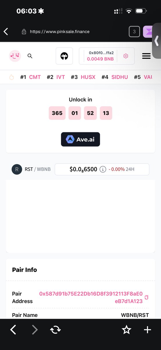 SystemResetRST's tweet photo. @Traderfinn0 $RST is the one. Just locked 100% of liquidity for 1 year via PinkLock. Contract is clean, 0% tax, and no mint functions. We are building a long-term ecosystem. Check the chart, transparency is our core. 🎲🛡️ https://t.co/ovbBB1sll0