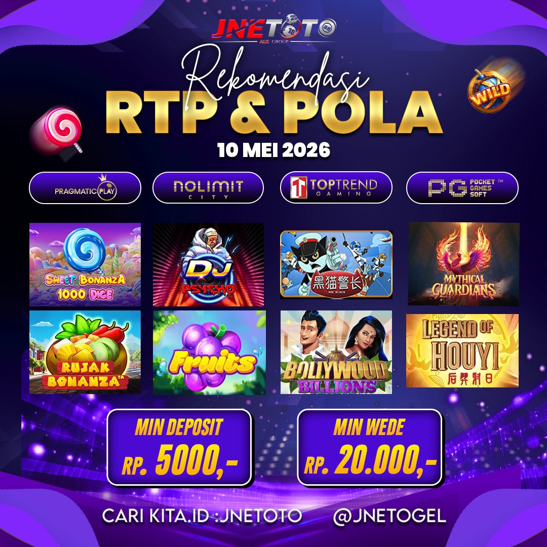 JNETOTO_OFC2's tweet photo. 🎰 REKOMENDASI RTP & POLA TERBARU 10 MEI 2026 🎰
🔥 Pilihan game yang lagi ramai dimainkan dan siap kasih sensasi cuan hari ini! 🔥
#jnetoto #jnegacor #jnemaxwin #SlotGacor #RTPHariIni #PolaSlot #RekomendasiSlot #SlotOnline #GameGacor #SlotMaxwin #PragmaticPlay #PGSoft https://t.co/TKjsEMg3HR