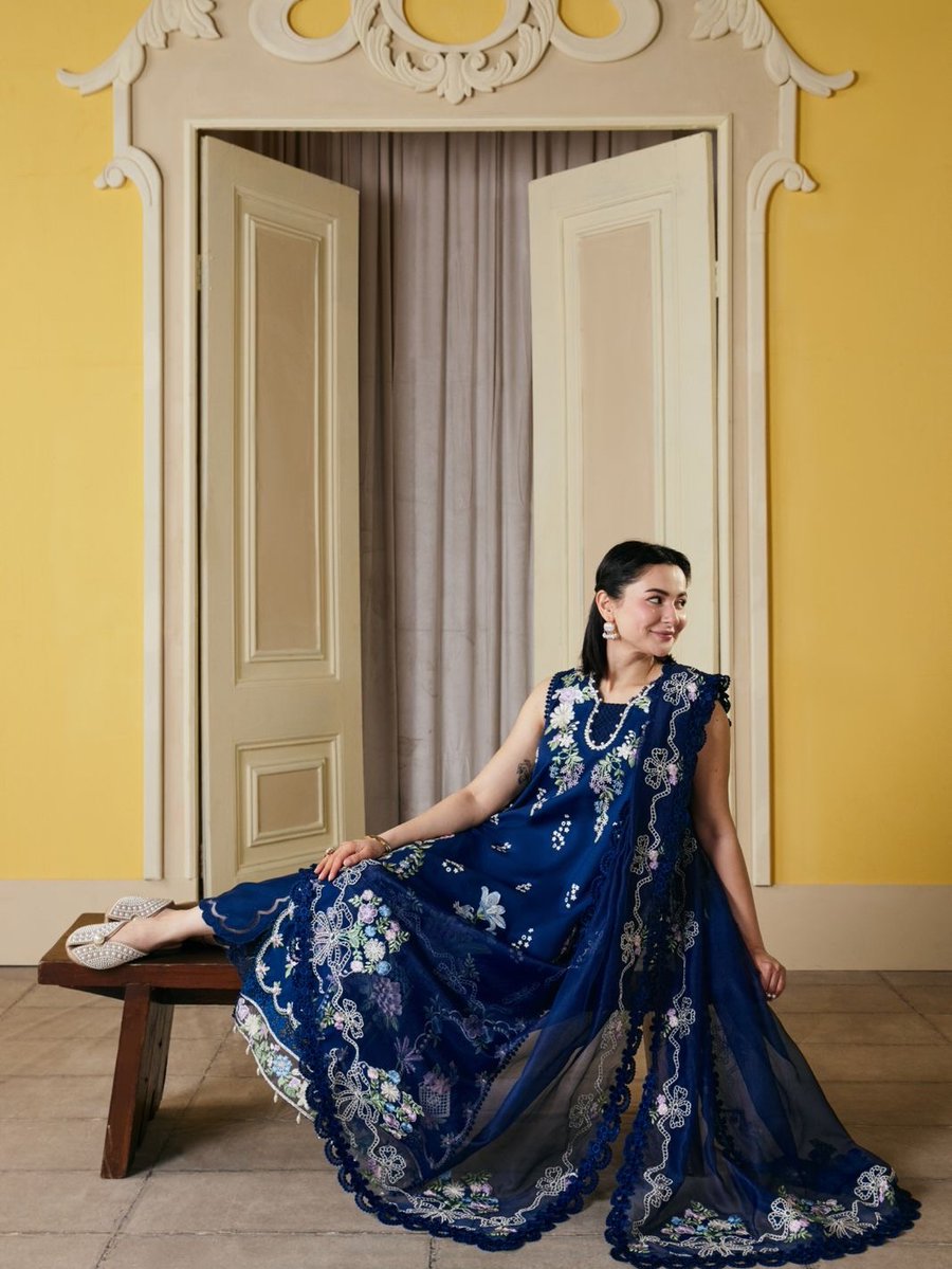 hania amir blue dress Hania Aamir White & Blue Faiza Saqlain Luxury Lawn Suit