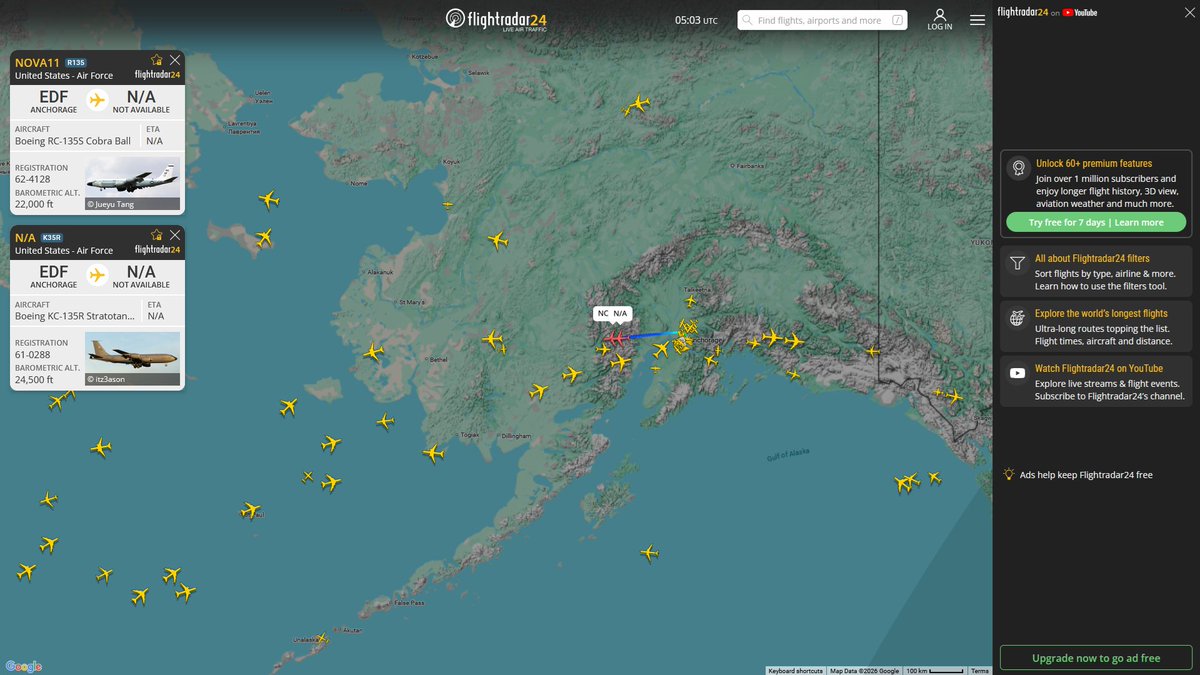 AIYeyENGDdJkjTr's tweet photo. May 10, 2026
#Anchorage Elmendorf Air Force Base ==> #Bering Sea
 
#NOVA11 #AE01D7 USAF RC-135S Cobra Ball

Air Refueling 
#NoCALLSIGN #AE07B1 USAF KC-135R Stratotanker https://t.co/3w5ZOzFhkt