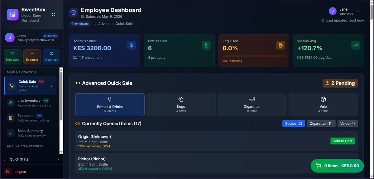 W_Fever01's tweet photo. 🍾 Liquor stores, bars, restaurants – meet Creek DownTown POS.

✅ Employee dashboard (quick sales)
✅ Admin dashboard (real‑time inventory)
✅ Bookkeeper dashboard (P&amp;L + BEP)
✅ M‑Pesa + cash + split payments
✅ Mobile responsive
Live demo → https://t.co/dGGF05H0t9
#POS https://t.co/vt0HxE0F51