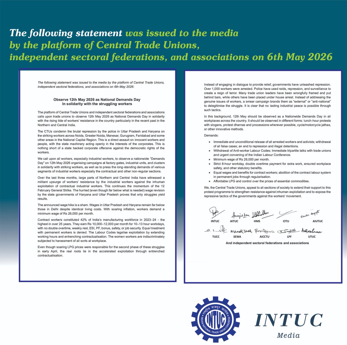 INTUCnational's tweet photo. The following statement was released to the media by the Platform of Central Trade Unions and Independent Sectoral Federations. 📄
#WorkersUnity #TradeUnion #INTUC #LabourRights #WorkersRights #TradeUnions #WorkersSolidarity https://t.co/h2iRrI9eSl