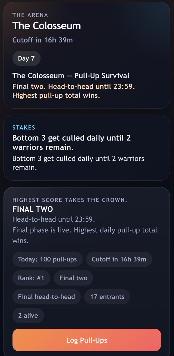 OnlyGainsClub's tweet photo. ⚔️ THE ARENA FINAL IS SET

Yesterday’s pull-up war:

Lando — 257
Willoughby — 150

chris adams eliminated.
danwills022 eliminated.

Now only 2 remain.

One final day.
One winner leaves the pit alive.

The board is watching.

#TheArena
https://t.co/XzItXmFZJa https://t.co/Nkk61uapy5