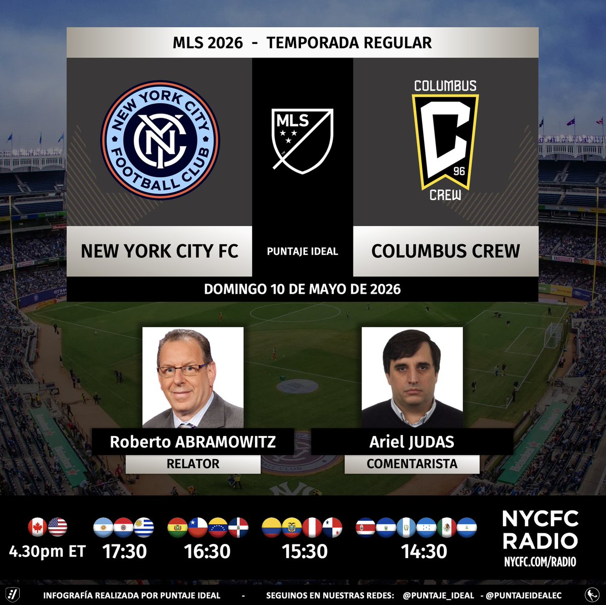 ⚽️ #MLS 🇺🇸 | #NYCFC vs. #ColumbusCrew
🎙 Relator: <a href="/RobAbramowitz/">Roberto Abramowitz</a>
🎙 Comentarista: <a href="/arieljudas/">Ariel Judas</a>
📻 #NYCFCRadio (español) 
💻📱 Disponible en: newyorkcityfc.com/radio vía <a href="/tunein/">TuneIn</a> y <a href="/mixlr/">Mixlr</a> 🌎
🤳 #NYCvCLB
Dale RT 🔃