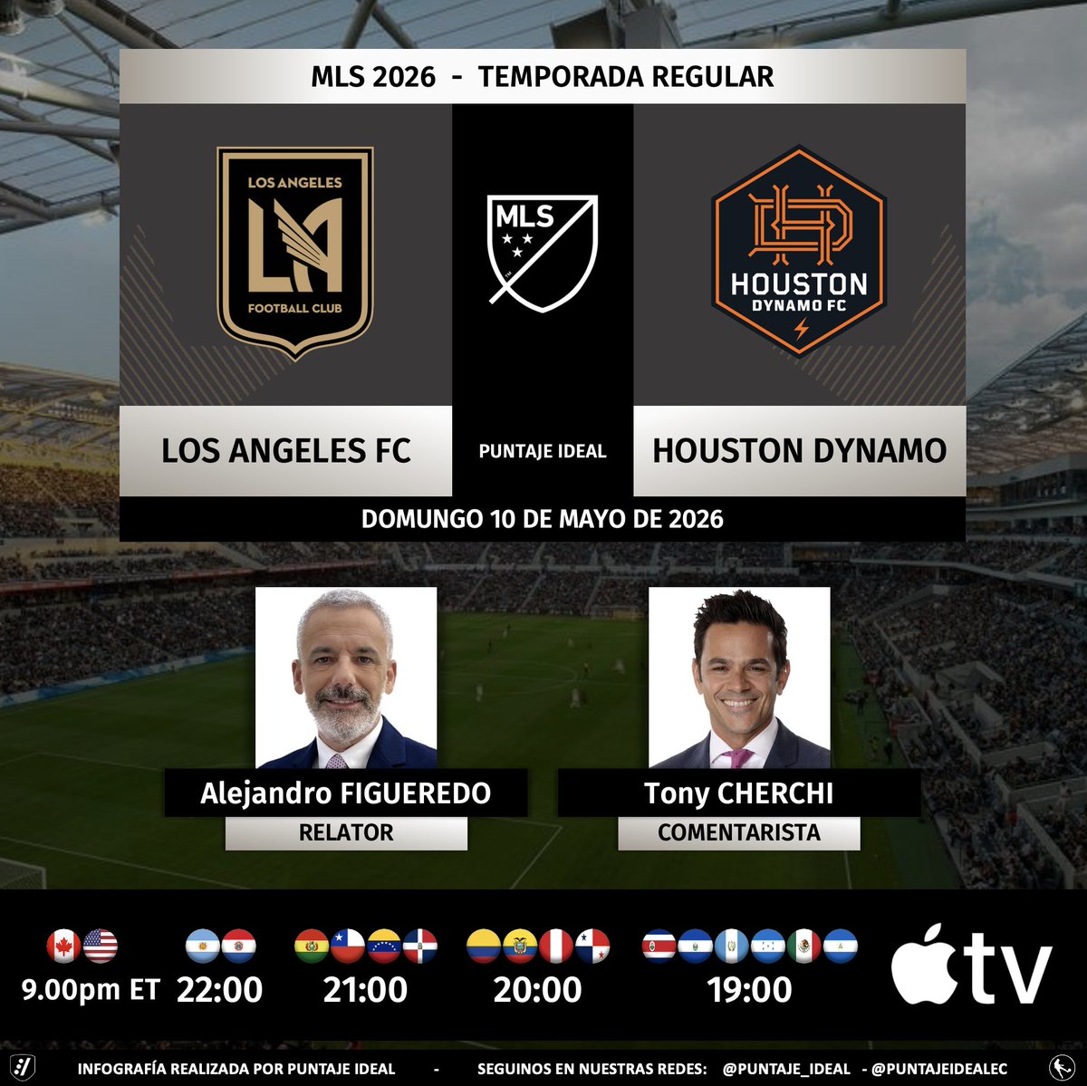 ⚽️ #MLS 🇺🇸 | #LAFC vs. #HoustonDynamo
🎙️ Relator: <a href="/afigue2010/">Alejandro Figueredo</a>   
🎙️ Comentarista: <a href="/tonycherchi/">Tony Cherchi</a>   
💻📱<a href="/AppleTV/">Apple TV</a>
🤳#LAFCvHOU
Dale RT 🔃