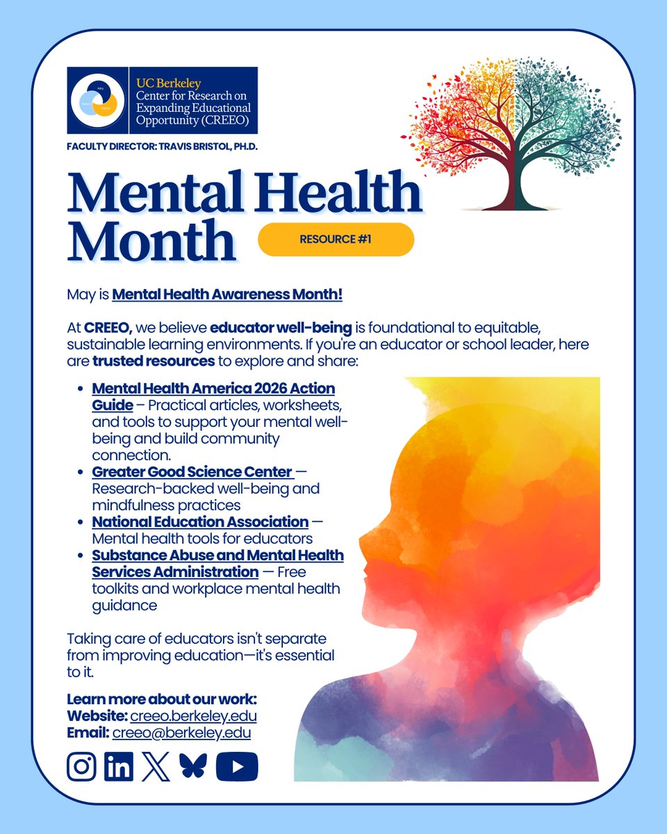 ucbcreeo's tweet photo. May is Mental Health Awareness Month 💚

Supporting educators means supporting their well-being.

Explore resources from:
- Mental Health America
- Greater Good Science Center
- National Education Association
- SAMHSA

#CREEO #MentalHealthAwarenessMonth #EducatorWellbeing https://t.co/V6ND1nH2Pw