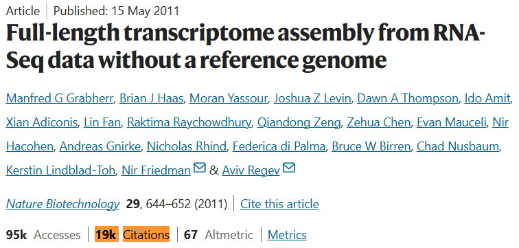 search4latest's tweet photo. @yuki4bioinfo Trinity is cited 19, 000 times meaning it is widely used in scientific community.  
Trinity shows even de facto standard tools are at the risk of abandoned.

We need to let the world know how fragile science is but it has HUGE impact for future.
-Not just hyping up AI for Biology https://t.co/NM2OBwGdvk