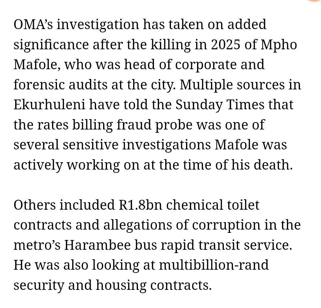THE COST OF THE TRUTH IS BLOOD 💔🇿🇦

The Sunday Times has just confirmed our worst fears. Mpho Mafole, the Chief Auditor of Ekurhuleni, wasn't just "another victim of crime." He was a man with a target on his back because he dared to follow the money.

Mafole was gunned down just