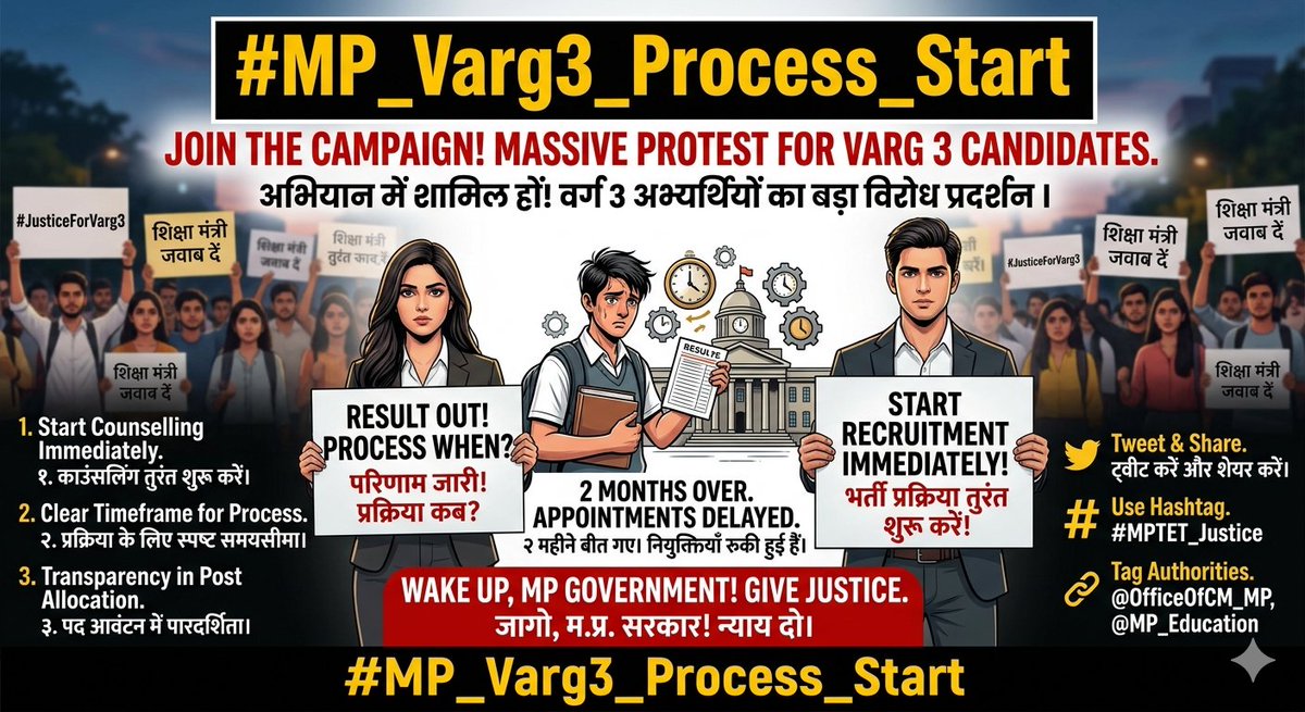 vkumarbais's tweet photo. #MPVarg3_Process_Start
Class 3 Primary Teacher Recruitment Document Verification Process Should Be Started Soon
@DrMohanYadav51 @CMMadhya Pradesh @Welfare Tribal @schooledump @mpnewstv @MPTakOfficial @News24_MPCG @ABPNews @aajtak @TheLallantop @mpbreakingnews https://t.co/1SlkaXrN97