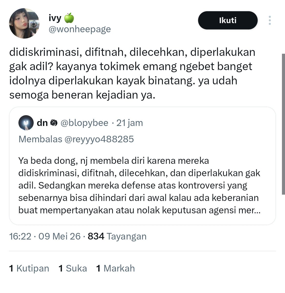 gak tau setan apa yang lagi masuk ke dia tapi kalau ribut gini bikin lu lost humanity, go take some rest. be fr you saying like this while the girls is got discrimination, sexual assaults from labels and ceo from your idol’s agency.