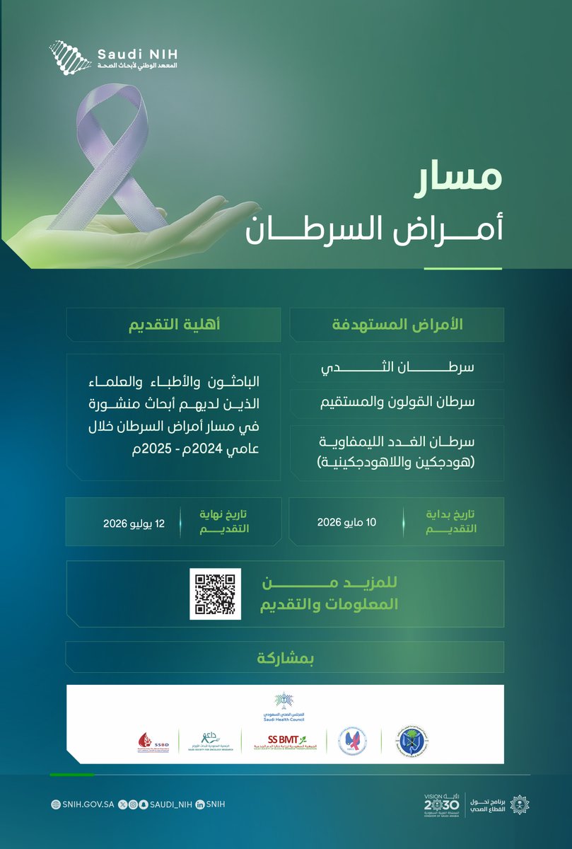 saudi_nih's tweet photo. يستهدف مسار أمراض السرطان تحويل الأبحاث المنشورة إلى تطبيقات عملية في مجالات: سرطان الثدي، وسرطان القولون والمستقيم، وسرطان الغدد الليمفاوية (هودجكين واللاهودجكينية)، بما يعزز جودة الممارسات الصحية.
للتقديم |
https://t.co/9t2DinW1nf

The Cancer Track aims to transform published research into practical applications in the areas of Breast Cancer, Colorectal Cancer, and Lymphoma (Hodgkin and non-Hodgkin), in a way that enhances the quality of healthcare practices.