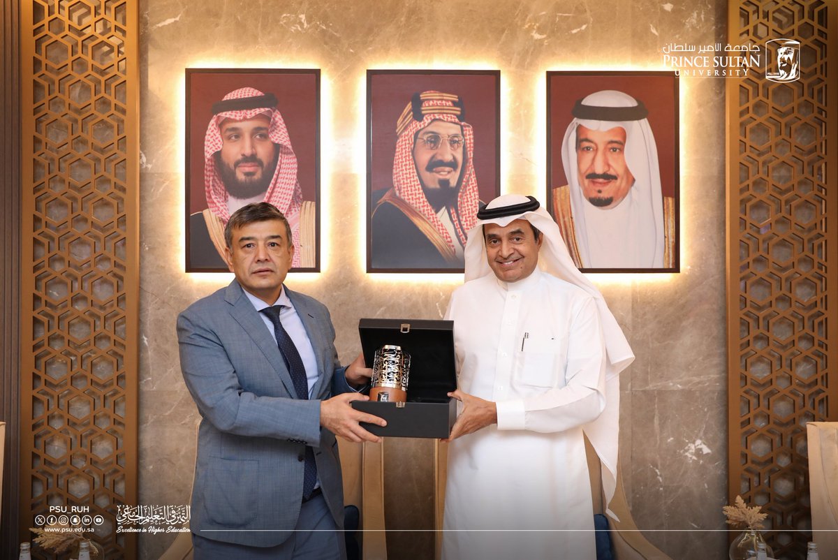 PSU_RUH's tweet photo. استقبل رئيس #جامعة_الأمير_سلطان، د. أحمد اليماني، سفير جمهورية أوزبكستان لدى المملكة السيد نادر جان تورغونوف، بحضور نائب الرئيس للحياة الطلابية د. هبة خشيم، وذلك في لقاءٍ ناقش سبل تعزيز التعاون الأكاديمي، واستعرض فرص بناء شراكات مستقبلية في مجالات التعليم، والبحث العلمي، والتبادل الثقافي.