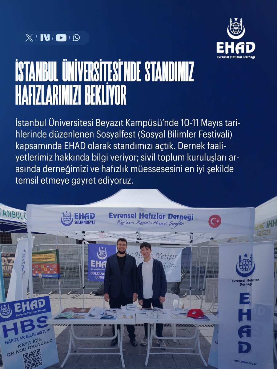 ehadgm's tweet photo. İstanbul Üniversitesi Beyazıt Kampüsü’nde 10-11 Mayıs tarihlerinde düzenlenen Sosyalfest (Sosyal Bilimler Festivali) kapsamında EHAD olarak standımızı açtık. Dernek faaliyetlerimiz hakkında bilgi veriyor; sivil toplum kuruluşları arasında derneğimizi ve hafızlık müessesesini en iyi şekilde temsil etmeye gayret ediyoruz.

@aliozdemirgsb