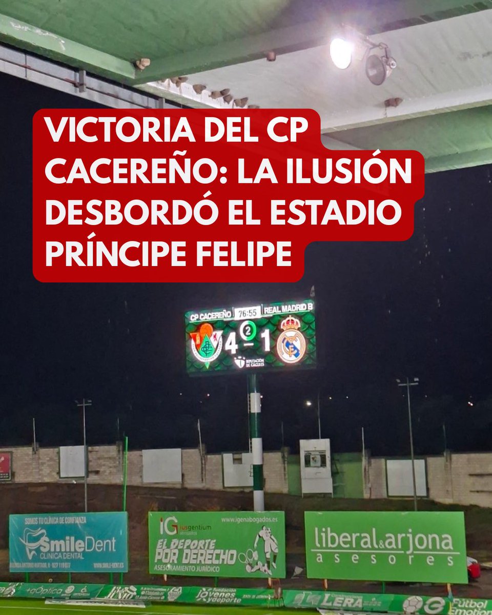 DiputacionCC's tweet photo. ⚽💚 La vicepresidenta segunda de la @DiputacionCC, Isabel Ruiz Correyero, acompañó ayer al @CPCacerenoSAD en su gran victoria por 4-1 ante el Real Madrid Castilla. 💪🍀

Un triunfo clave, logrado con coraje bajo la lluvia y con el apoyo de cerca de 5.000 aficionados. https://t.co/FFpgOIBFWG