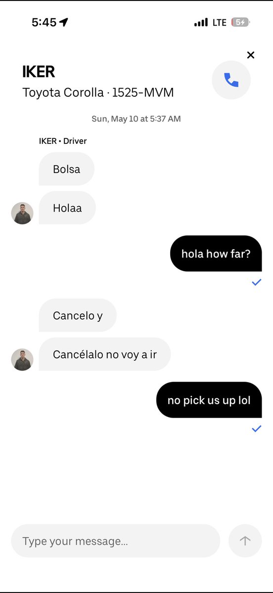 AshleyClemm's tweet photo. @Uber DO BETTER!!! Iker in a Toyota Corolla plate 1525-MVM in Barcelona did not move from 5:37AM-5:54AM, had no intention of actually picking me up and tried to get me to cancel to keep half the fare while leaving me stranded outside a nightclub. find drivers who won’t scam ppl https://t.co/h7jGvMkJvJ