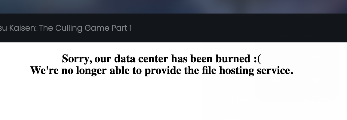 Michael_BAA's tweet photo. One of the best anime streaming websites just got pulled, but not because of anti-piracy measures. No, it's because of a fire.
At first, 19 hours ago, they said it doesn't mean it's shutting down. 10 hours after that though, "Due to all the recent issues with the site... especially with the data center being on fire. The developer has shared that he will no longer be continuing the project and it is time for all of us to move on."