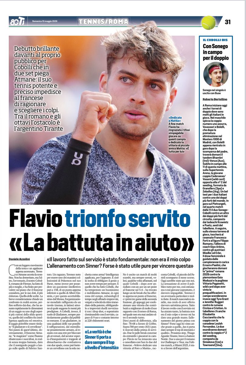 Frank201410's tweet photo. Rassegna 🖨 un po' cosi 

#DanieleAzzolini #MarcoBo #RobertoBertellino #GianlucaStrocchi 
@tuttosport 10/05/2026
#IBI26 #Jannik #Sinner #Ofner #Cobolli #Bellucci #Paolini #Sabalenka https://t.co/FKyXlzF0sz