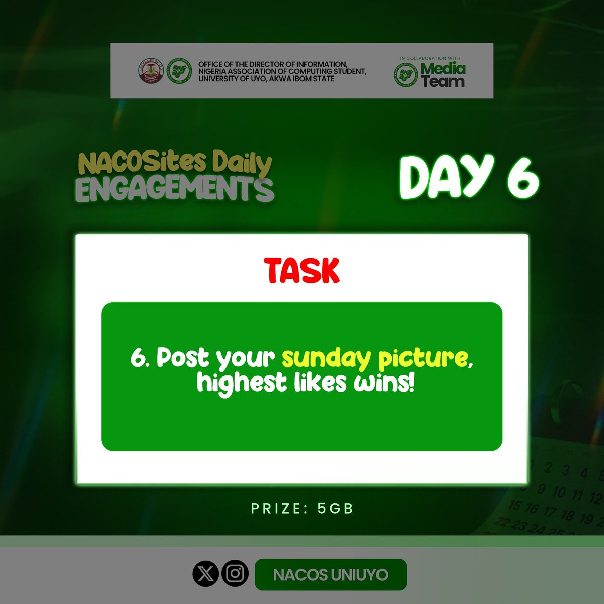 Nacosuniuyo's tweet photo. 📸🔥 DAY 6 CHALLENGE!
Drop your best Sunday picture in the comments 😌
Most likes wins 5GB DATA 🎁🔥
Tag your friends &amp; let the battle begin 👀
#NACOSUNIUYO #NACOSites #COMPUTING #NACOS https://t.co/o50Wjknb0B