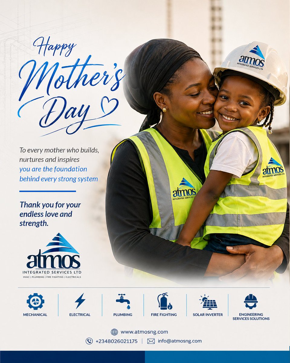 atmosltd's tweet photo. To every mother who builds, nurtures and inspires, thank you for being the foundation behind every strong system.   

Happy Mother’s Day from all of us at ATMOS Integrated Services. 

#MothersDay #ATMOS #MEPF #happymothersday #mep #mbaise presidency Mother's Day #AMVCA12 https://t.co/V1SMc46Cd1