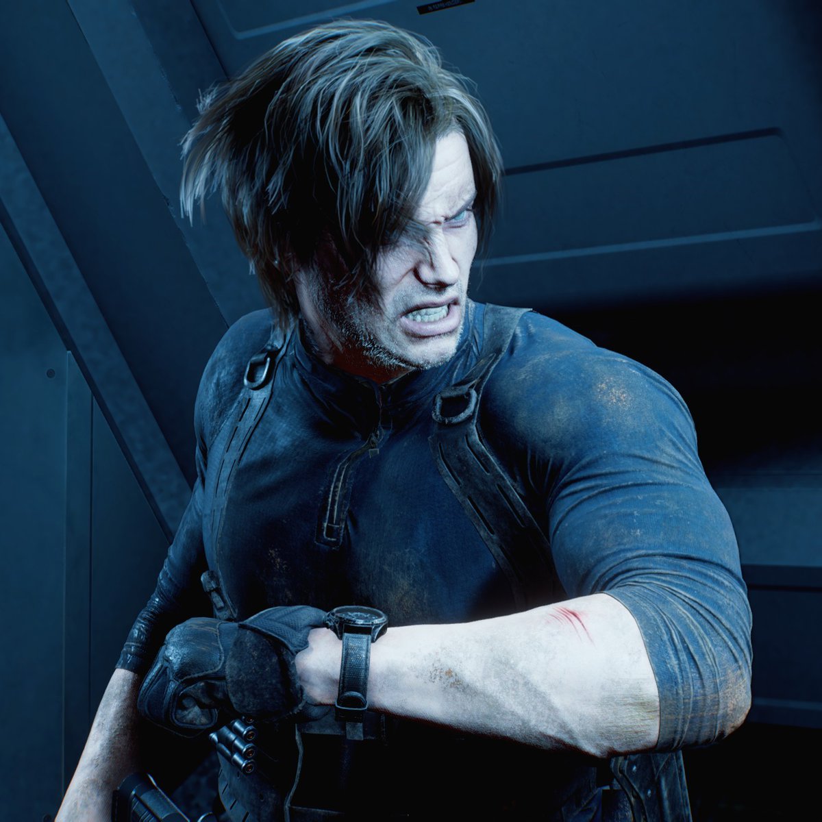 hollandildo's tweet photo. i love leon's expressions during the hunk fight so much he looks like a hissing cat https://t.co/fayWd1slv0