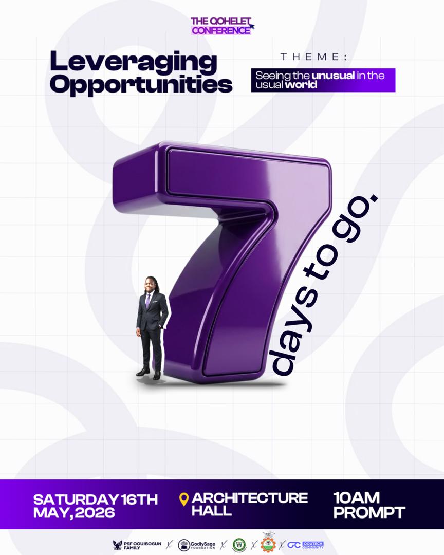 OOU_Tech's tweet photo. 7 DAYS TO GO!!! 🚀
The countdown has officially begun ⏳
In just 7 days, minds will meet opportunities, connections will spark, and possibilities will unfold ✨
📅 Saturday, 16th May, 2026
📍 Architecture Hall
⏰ 10AM Prompt 
#OOU_Tech #Findingopportunities #QoheletConference2026 https://t.co/nP57zmflBh