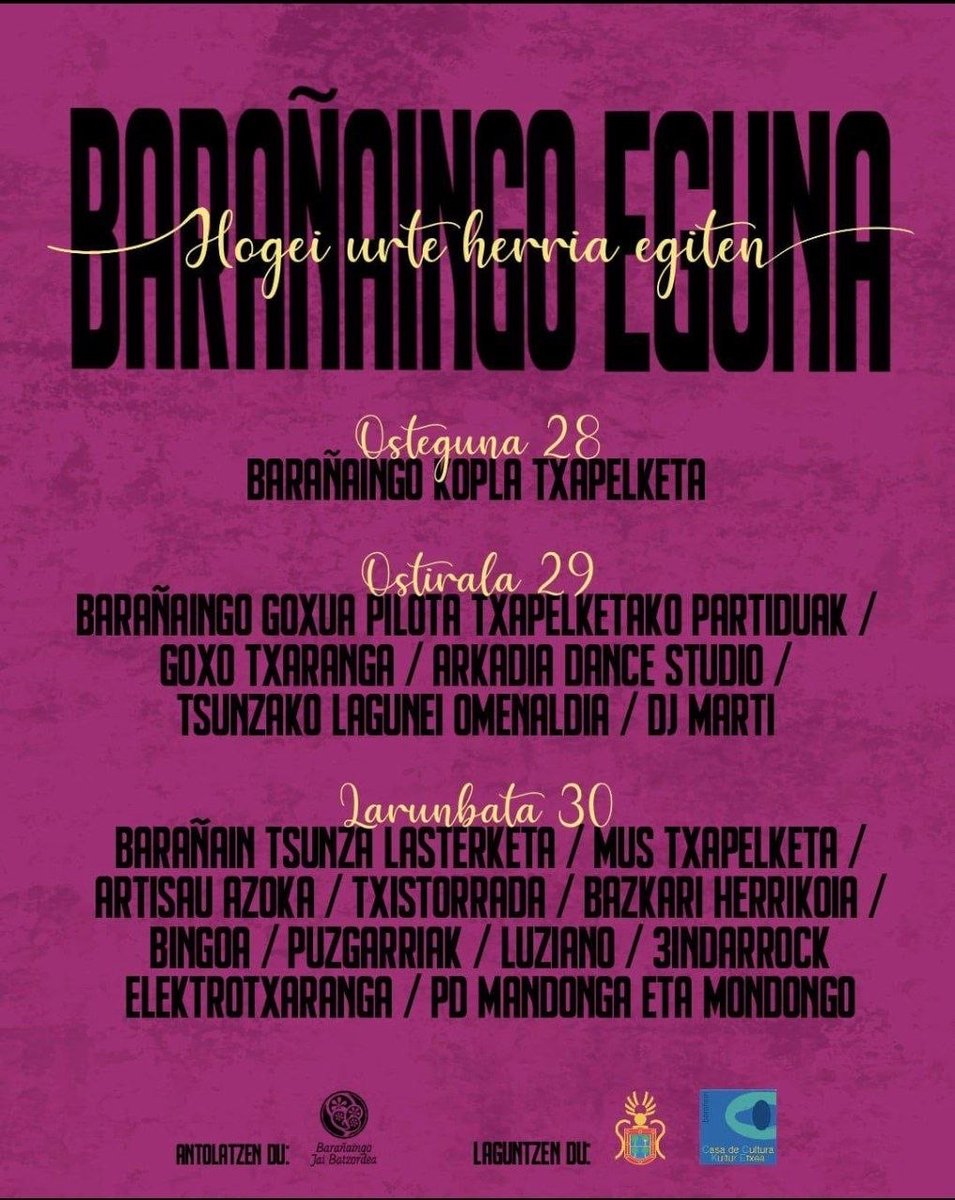akelamendi's tweet photo. 🔥Barañaingo Eguna🔥
📌Maiatzak 28-30.
“Hogei urte herria egiten”. https://t.co/R70bUJRNNZ