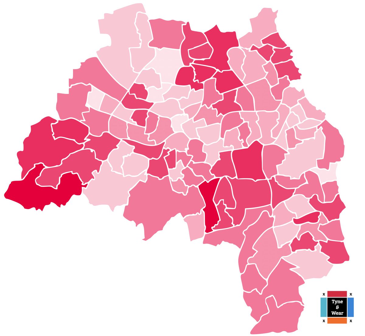 Labour strength in Tyne and Wear 2026. The darker the shade, the larger the vote share achieved.