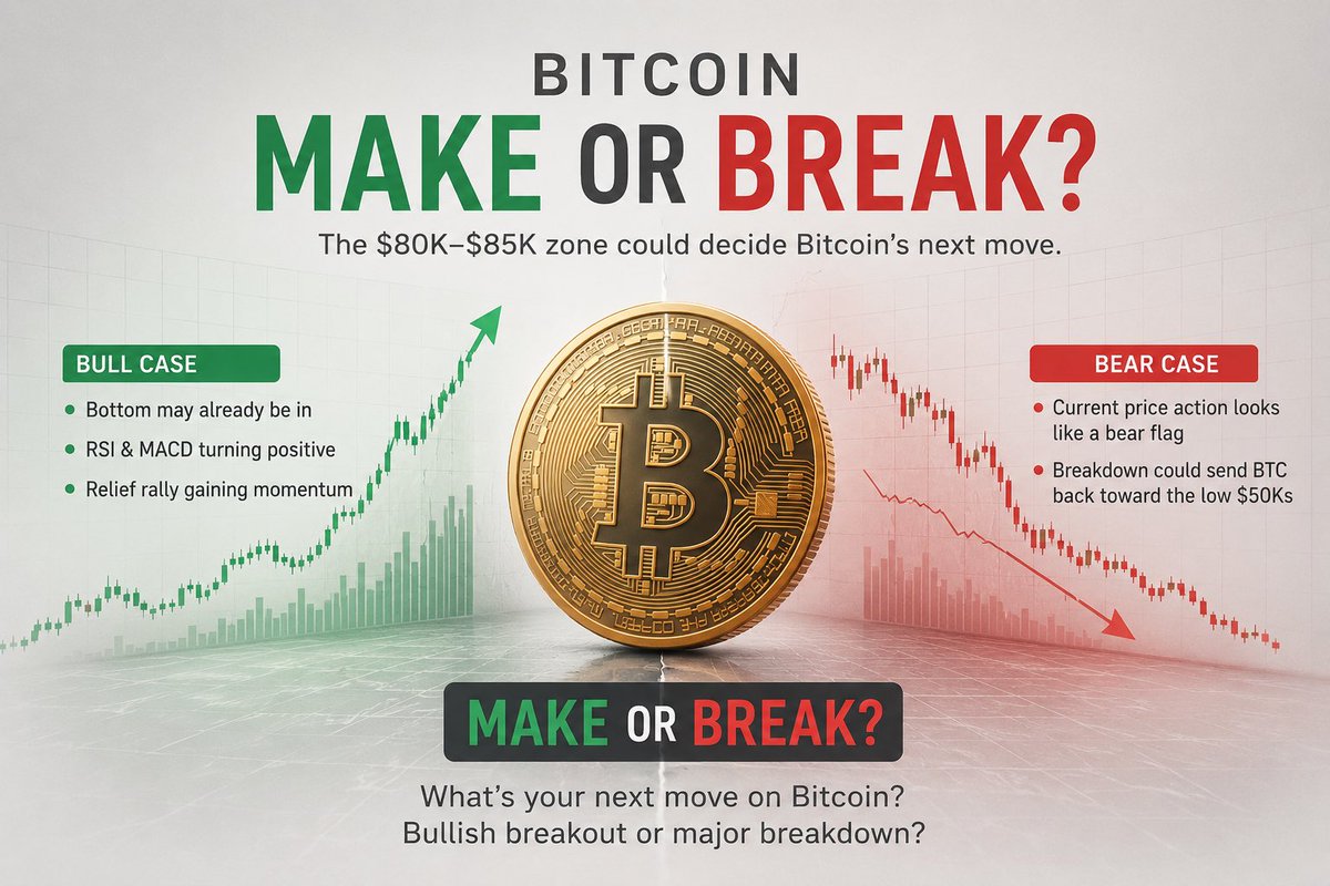 Krangtoken's tweet photo. 🚨 BITCOIN: MAKE OR BREAK? 🚨

Analysts are split.
The $80K–$85K zone could decide Bitcoin’s next major move.

📈 Bull case:
• Bottom may already be in
• RSI & MACD turning positive
• Relief rally gaining momentum

📉 Bear case:
• Current price action looks like a bear flag
• Breakdown could send BTC back toward the low $50Ks

Now the question is simple:

MAKE or BREAK? 👀

What’s your next move on Bitcoin?
Bullish breakout or major breakdown?

Reply below ⬇️🔥