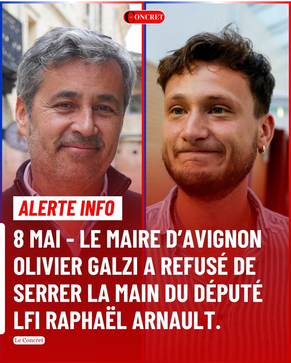 Quelqu'un qu'il faut mettre à  l'honneur:
Olivier Galzi maire sans étiquette d'Avignon qui a refusé de serrer la main de Raphaël Arnault le 8 mai.
En effet, le LFIste ne doit pas être vu comme un député mais comme le chef d'une milice qui a tué. 

Approuvez-vous aussi ce geste?