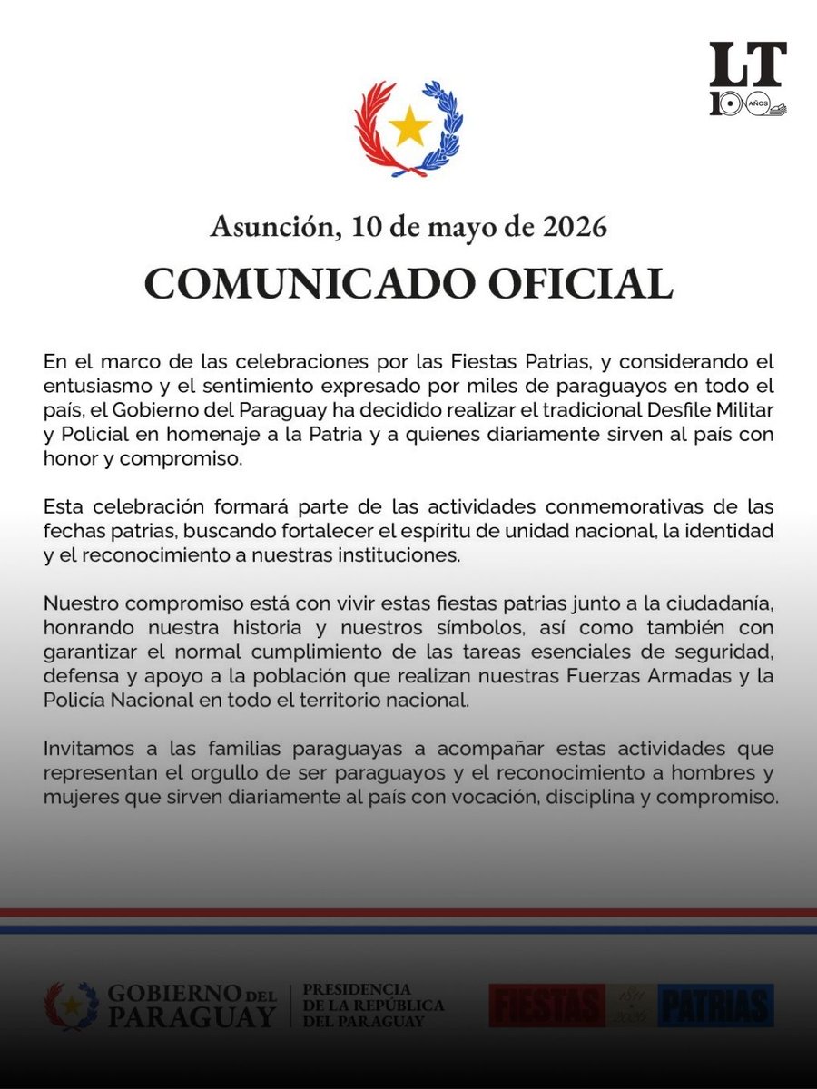 🇵🇾 📢Finalmente, el tradicional desfile militar y policial por las Fiestas Patrias sí se realizará este 14 de mayo, según confirmó el vicepresidente Pedro Alliana. 

🗣️La decisión se da luego de anunciarse inicialmente la suspensión del evento por disposición de la Presidencia.