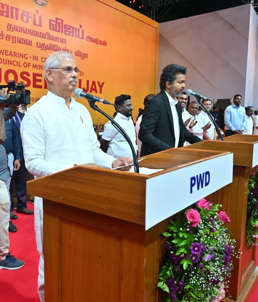 lokbhavan_tn's tweet photo. Thiru.C. Joseph Vijay, was sworn in as Chief Minister of Tamil Nadu ,Thiru.Rajendra Vishwanath Arlekar, Hon'ble Governor of Tamil Nadu, administered the oath of office to Thiru.C. Joseph Vijay, today (10.05.2026) at the Swearing in Ceremony held at Nehru Indoor Stadium, Chennai.

Hon'ble Governor of Tamil Nadu, greeted the newly sworn Chief Minister of Tamil Nadu Thiru.C. Joseph Vijay .

@rashtrapatibhvn @VPIndia @PMOIndia @HMOIndia
@rajendraarlekar @KeralaGovernor @MIB_India
@PIB_India @pibchennai @DDNewslive @DDTamilNews @airnewsalert @airnews_Chennai @CBCCHENNAI_MIB @ANI