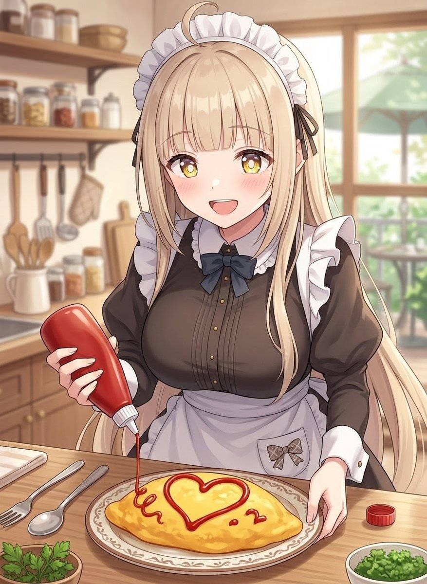 Aain_AIillust's tweet photo. 今日はメイドの日！
メイド琥珀ちゃんがご主人様のために特製オムライスにケチャップでハートを描いてくれたよ💛
「おいしくなぁれ♡…なんちゃって〜」 https://t.co/UpRVuP1rU2