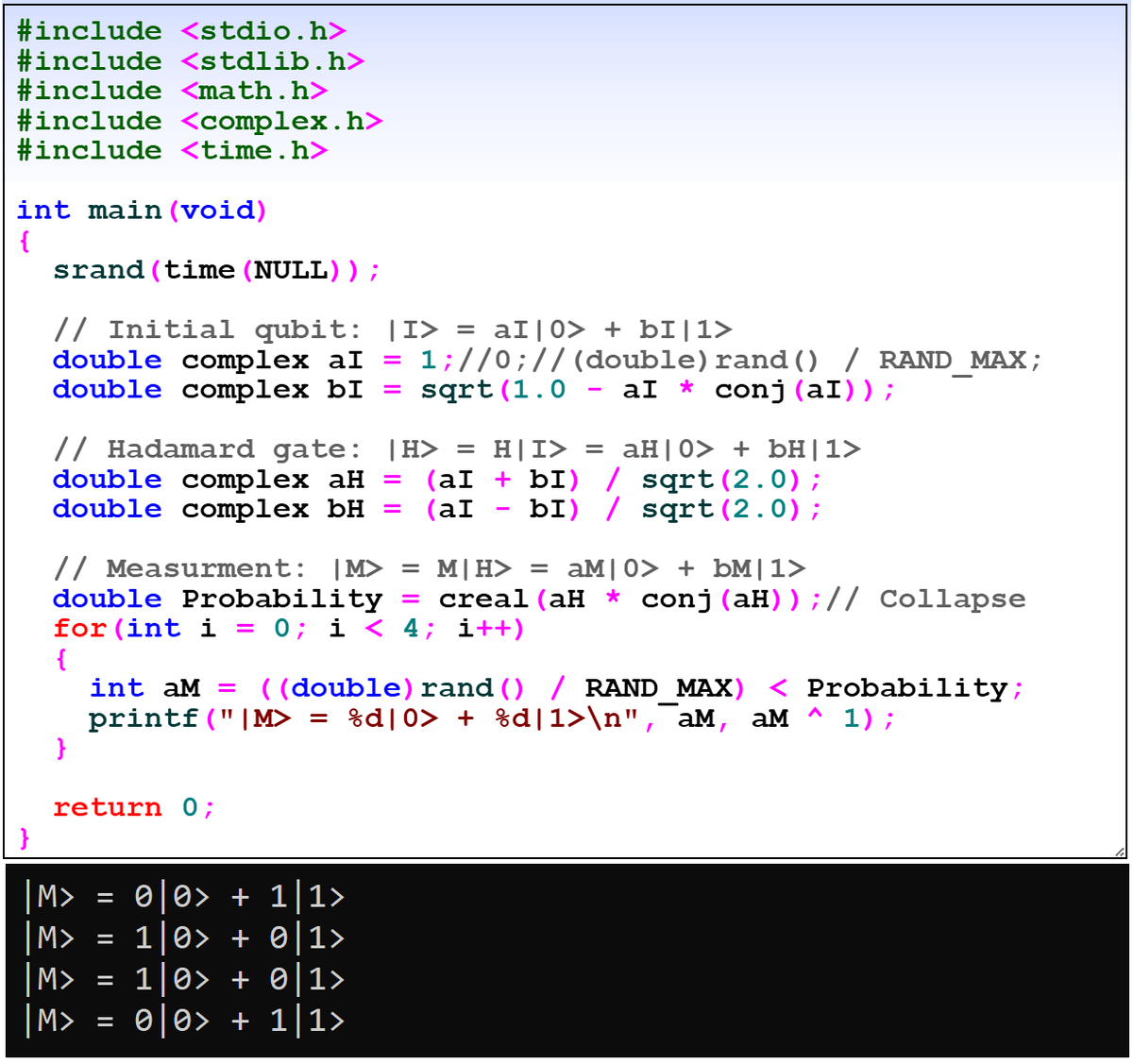 Quantum computing code in C language related to processing a qubit (quantum bit) through a Hadamard gate (transformation) and final measurements.

facebook.com/groups/electro…