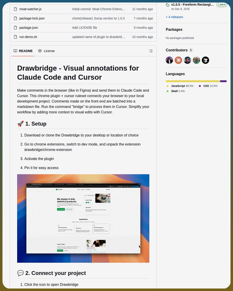 Drawbridge README showing a browser extension that sends visual annotations into Claude Code and Cursor task files