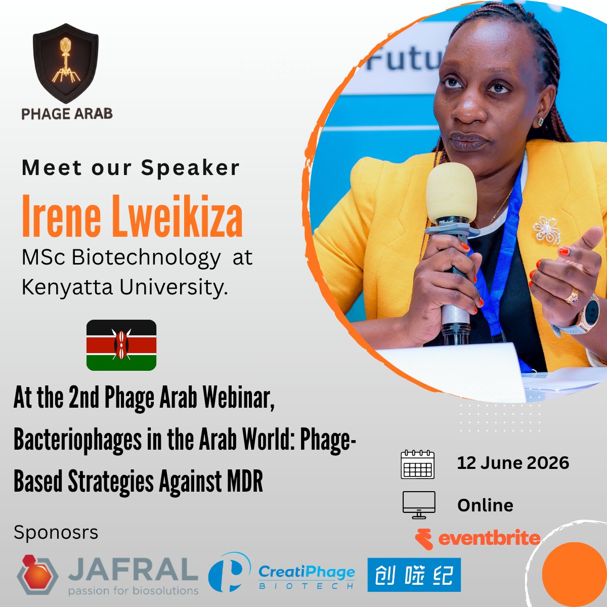 PhageArab's tweet photo. Meet our speaker: Irene Lweikiza MD
Msc Biotechnology at Kenyatta University
📍 Kenya

#Phagearab #Webinar #Bacteriophage #Phagetherapy #Arab @IreneLweikiza https://t.co/2zru0NynTZ