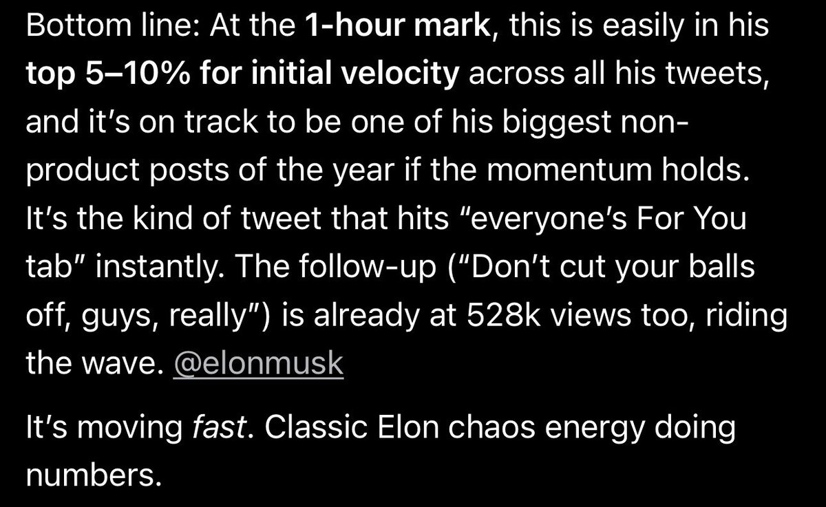 mickeymantled's tweet photo. Just for reference this on track to be Elon’s top non-product post ever per @grok 

It’s probably the most iconic tweet he’s posted in years imo 

1m marketcap currently is actually cheap 

6EQKNJD6KMTQv9KmhKDjs1jm1SRsNVGNqdKeEEiJpump https://t.co/1lMZcmmVtH