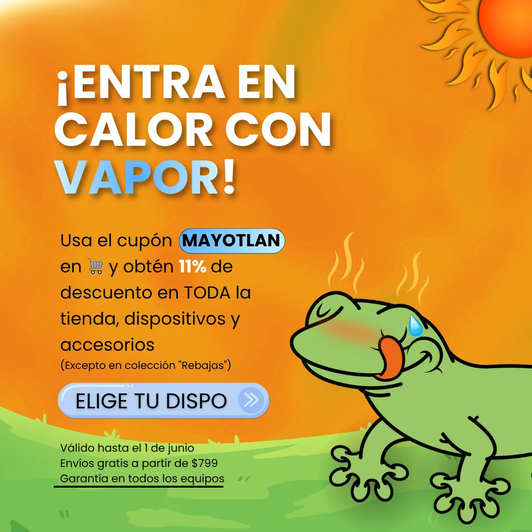 vapotlan's tweet photo. 🔥 ¡Entra en calor con Vapor y exprime el cupón de mayo! ❤️💨

🎟️ Aplica el código: MAYOTLAN

🌿 11% OFF en sus compras del sitio. 🚀 Aplica en Pre-Órdenes.

⌛️ Tienen hasta el 1 de junio para hacerlo válido.

😏 Aprovechen el cupón aquí: https://t.co/jI0YkmyYDE https://t.co/0KmpfuV9Yf