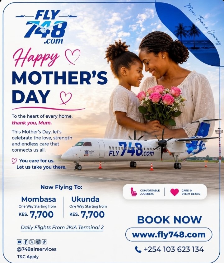fly748_'s tweet photo. This Mother’s Day, give Mum more than a trip, give her peace of mind. 💙✈️

When you choose you are trusting us with the people who matter most. And we never take that lightly.

Fly Mum to Mombasa or Diani from KES 7,700.

Book now  or call 0103 623 134
#MothersDay #safety #Diani https://t.co/czeogqszft
