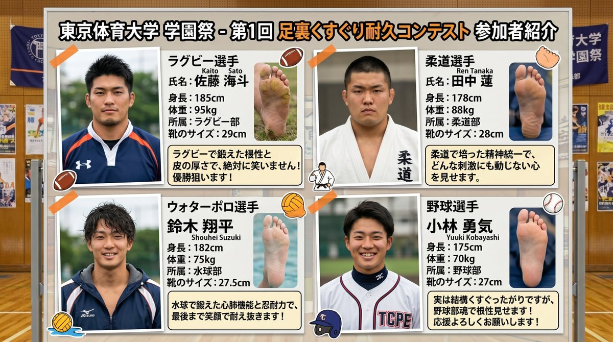 oxaxk's tweet photo. 足裏くすぐり耐久コンテスト part1
これもラグビー＆柔道＆水球＆野球は指定したけど、身長体重足のサイズもAIが適当な数値にしてくれてるし、氏名や意気込みの言葉も全部AI任せ。それぞれに合った言葉でなかなか面白い。 https://t.co/RtEreAkF7x