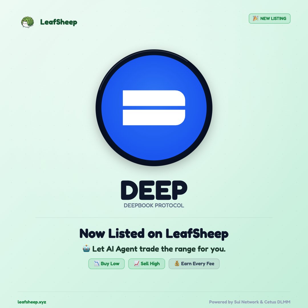 leafsheepfi's tweet photo. $DEEP is now live on LeafSheep 🎉
While you sleep, your AI Agent is:
🤖 Rebalancing your position
📉 Buying the dip
📈 Selling the peak
💰 Collecting every fee
Passive DeFi income on #Sui — finally easy.
👇
https://t.co/JTR1bkxmVB
#Deepbook #DeFi #Sui https://t.co/Fbg6Qrtczk