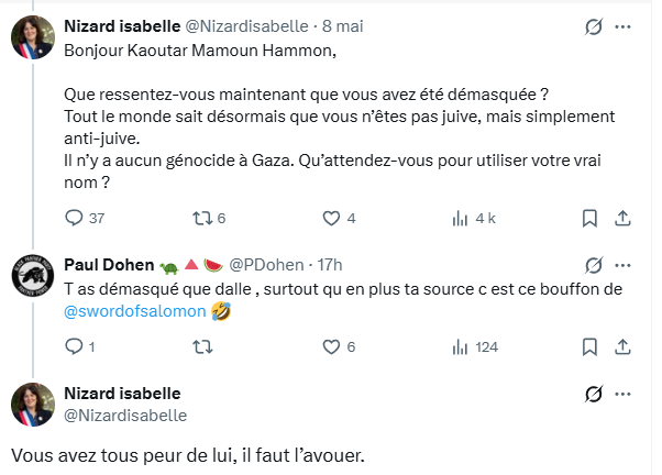 SophiaIfigha's tweet photo. Parmi les harceleurs, on trouve @Nizardisabelle élue à la mairie du 16ème, qui ne prend même pas la précaution de mesurer ses propos. Alors qu'un simple examen #IA du compte incriminé aurait fait apparaitre que les accusations n'étaient pas fondées ... https://t.co/EHDiFFpDon