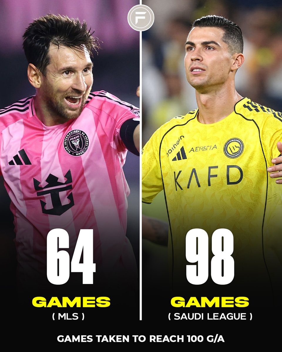 🚨| Lionel Messi hit 100 G/A in MLS 34 games faster than Cristiano Ronaldo did in the Saudi League.🥇

Ronaldo got 20 penalties more than Messi for that😳