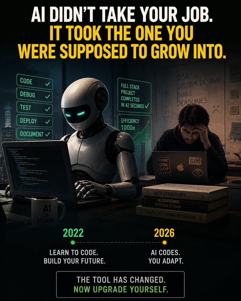 ZeroWorkEthic's tweet photo. In 2022:
Learn coding, your future is secure.

In 2026:
AI writes:
✓apps
✓websites
✓bugs fixes
✓documentation
entire startups in seconds. https://t.co/TOIFPITlPa