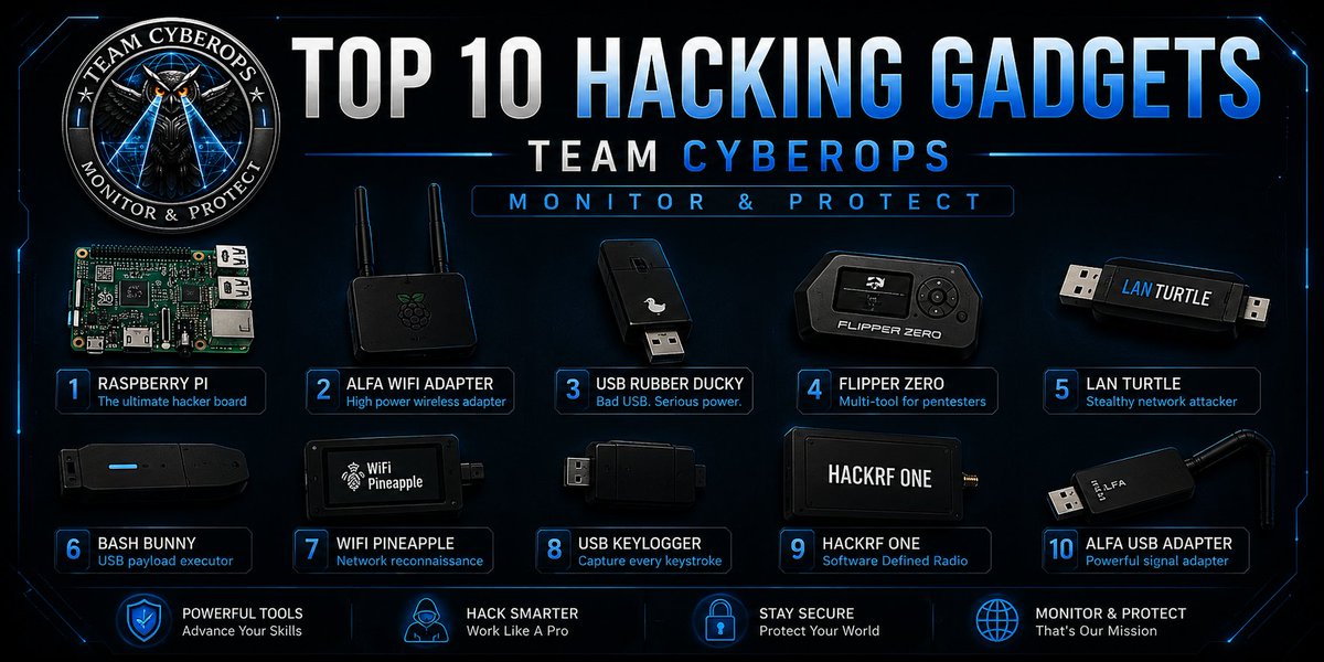 CyberOps_I9801's tweet photo. 🔐 Every serious pentester has that ONE gadget they swear by.
Which one is yours? 👇
💬 Drop your answer below:
👉 Which number is already in your toolkit?
👉 Which one are you planning to get next?
#CyberSecurity #EthicalHacking #Pentesting #InfoSec #HackingTools #CyberOps https://t.co/LLSLiUq2h2