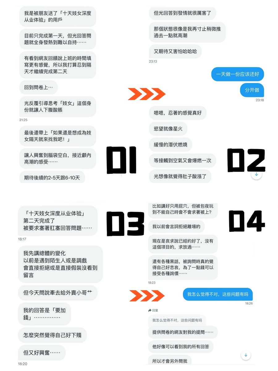 经典回顾
从业务销冠到援交妓女，台湾女生被调教开发，为自己的人生又添加了一个羞耻的身份。
“我做销冠随便一个小时的收入也比出来卖要高，到底怎么会脑子故障似地凑着去当妓女”
最初被网友送给她一份《十日妓女》的问卷，竟停不下来魂不守舍地一天天做了下去，直到找闺蜜介绍了客人去真正地完成了一次肉体交易。
她说“第一次的经验让她应该还会继续下去”
她又找到《午夜审讯》，沉浸在被警察当场抓走讯问的妓女角色里，享受了一场被蹂躏羞辱的满足，送给自己这次妓女之旅一个完美的结局彩蛋。
她又告诉我说“舒服到没边儿了”