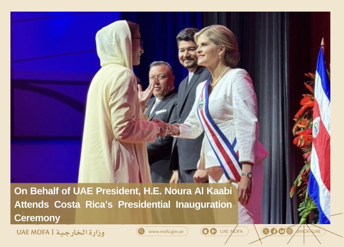 mofauae's tweet photo. On behalf of UAE President His Highness Sheikh Mohamed bin Zayed Al Nahyan, H.E. Noura Al Kaabi attended the inauguration ceremony of President Laura Fernandez in Costa Rica.
 
The UAE reaffirmed its commitment to strengthening bilateral relations and cooperation across areas of mutual interest.