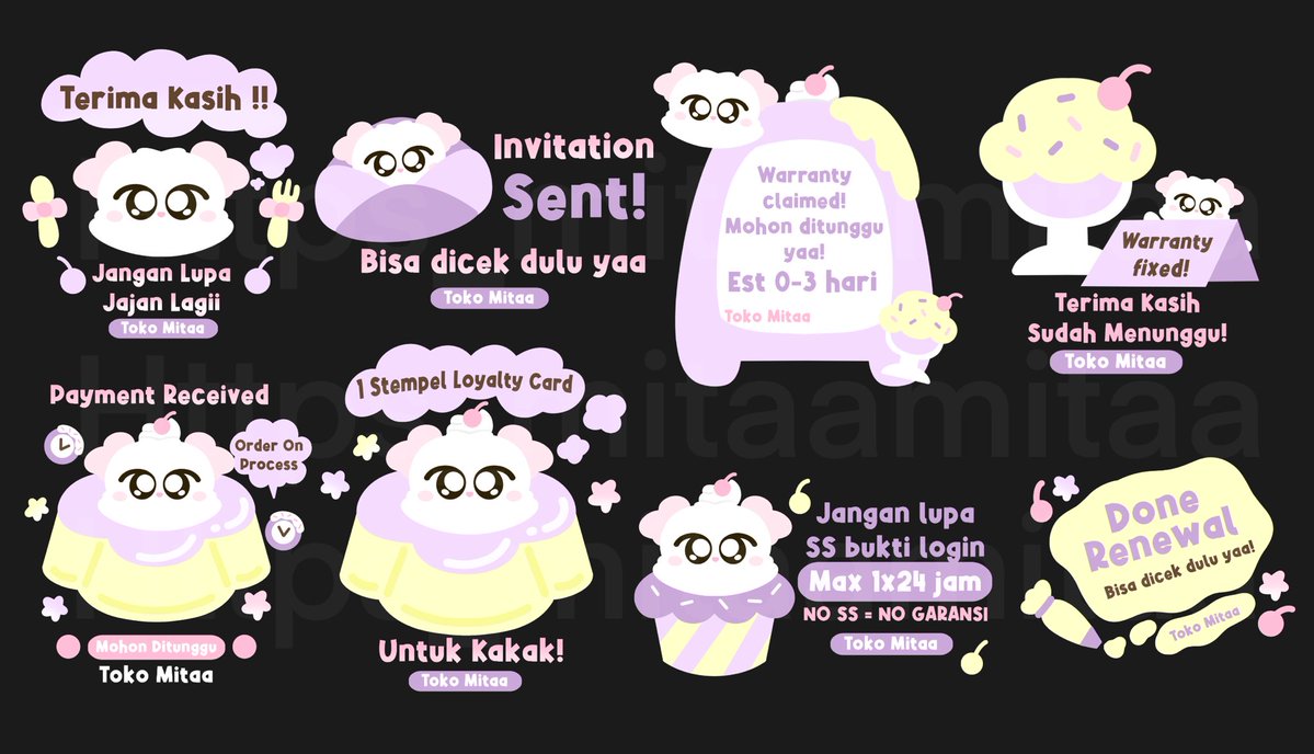 Help rt, thank youu!
Halo semuaa! Mitaa kembali dengan sticker wabis ready nih!
Bis di replace text jugaa! Belum avail untuk di recolor yaa. 
🍧 Price: 25k/set 
Ayukk di take Si Manis nya 🧁 #bealanja