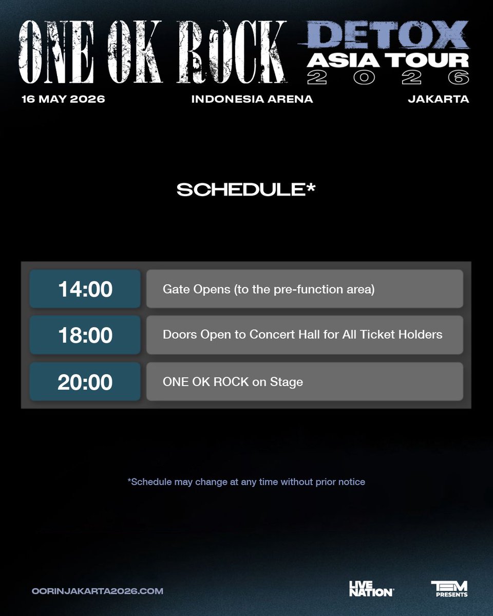 (1/2) Who’s excited to see <a href="/ONEOKROCK_japan/">ONE OK ROCK_official</a> again next weekend?! Ensure to read everything you need to know before heading to the concert!

📅 Saturday, May 16, 2026
📍 Indonesia Arena, GBK Senayan