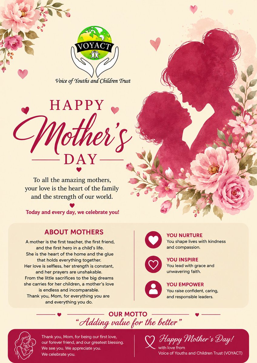 VOYACT's tweet photo. 🌸 Happy Mother’s Day! 🌸
Today we celebrate the strength, love, sacrifice and endless care of every mother. Thank you for being the heartbeat of our families and the foundation of our communities. 💖

“Adding value for the better”
— Voice of Youths and Children Trust https://t.co/tMRfVj3pZ5